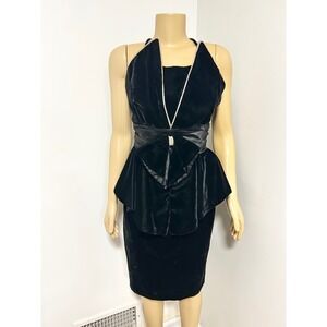 Vintage Night Way Black Velvet Peplum Dress Rhinestone Bow Halter 80s Glam 12